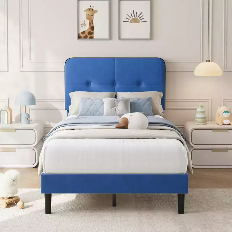 Marcos de Cama Tipo Plataforma Tapizados en Terciopelo con Cabecero Ajustable para Dormitorio, No Requiere Somier