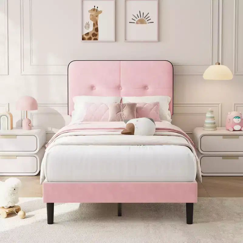Marcos de Cama Tipo Plataforma Tapizados en Terciopelo con Cabecero Ajustable para Dormitorio, No Requiere Somier