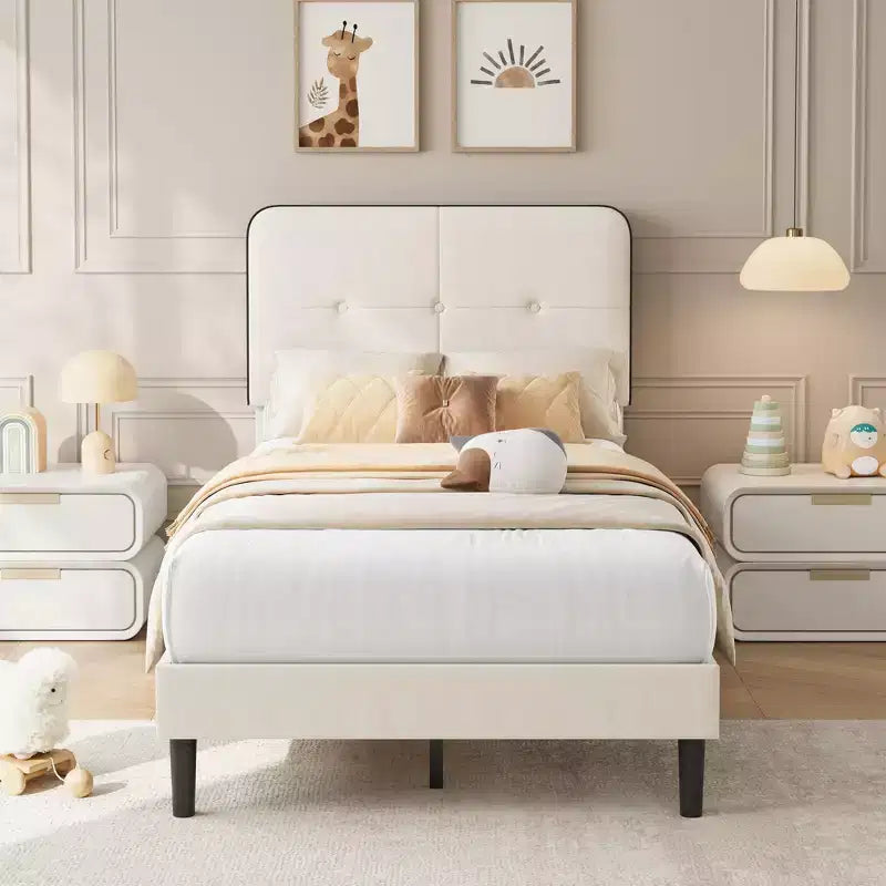 Marcos de Cama Tipo Plataforma Tapizados en Terciopelo con Cabecero Ajustable para Dormitorio, No Requiere Somier