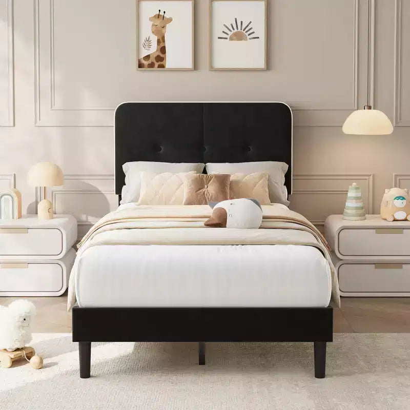 Marcos de Cama Tipo Plataforma Tapizados en Terciopelo con Cabecero Ajustable para Dormitorio, No Requiere Somier