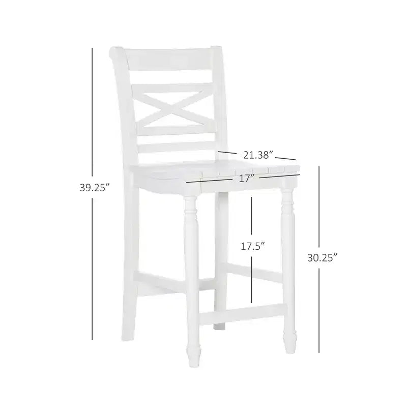 Taburete de barra de 24.25" de altura de mostrador con respaldo en X, acabado blanco, madera maciza