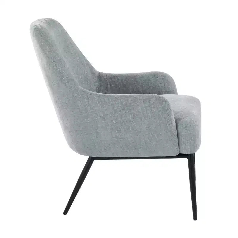 Sillón tapizado, estructura de metal negro, azul claro