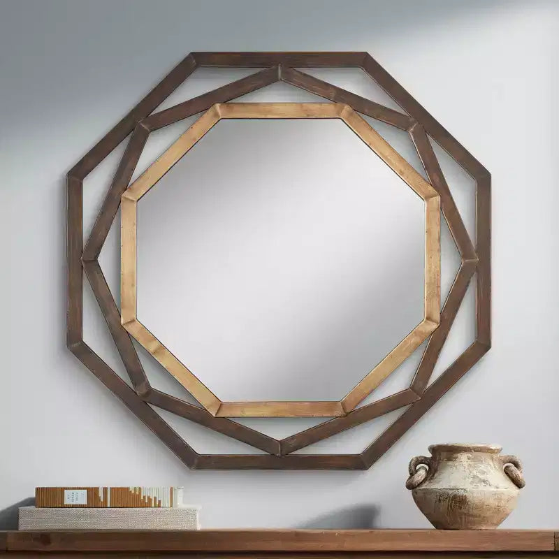 Espejo de pared decorativo octogonal de dos tonos, marco geométrico calado de hierro rústico en bronce dorado, 32" de ancho