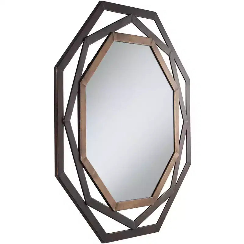 Espejo de pared decorativo octogonal de dos tonos, marco geométrico calado de hierro rústico en bronce dorado, 32" de ancho