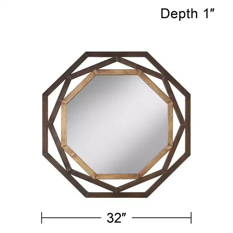 Espejo de pared decorativo octogonal de dos tonos, marco geométrico calado de hierro rústico en bronce dorado, 32" de ancho