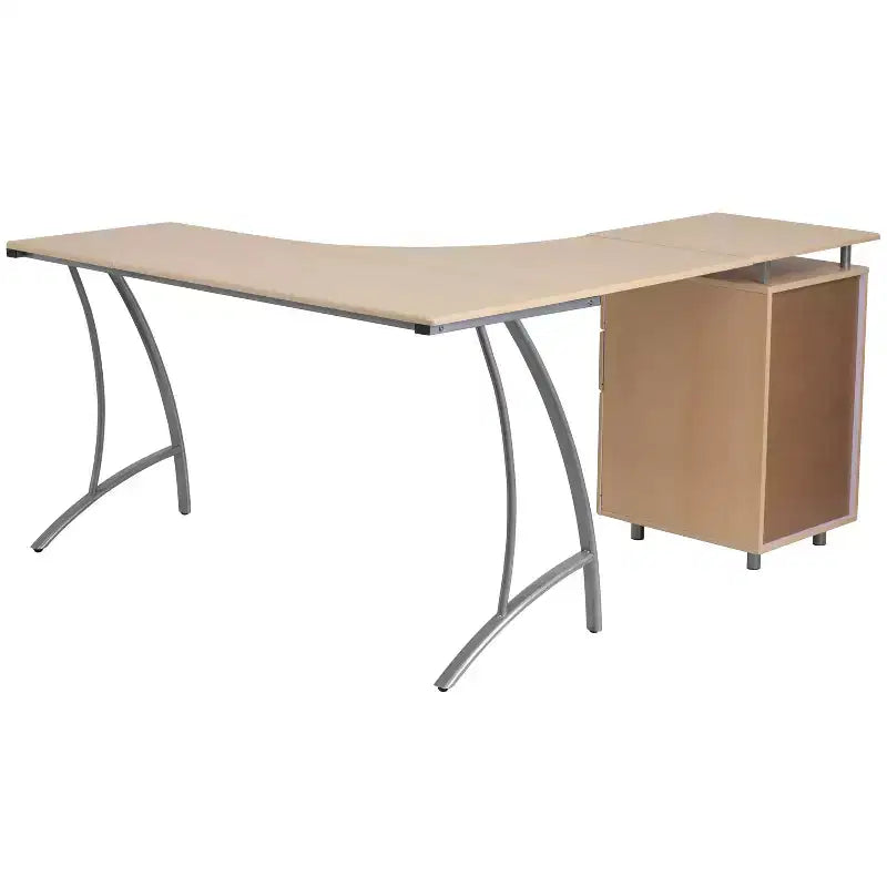 Escritorio laminado en forma de L con pedestal de tres cajones